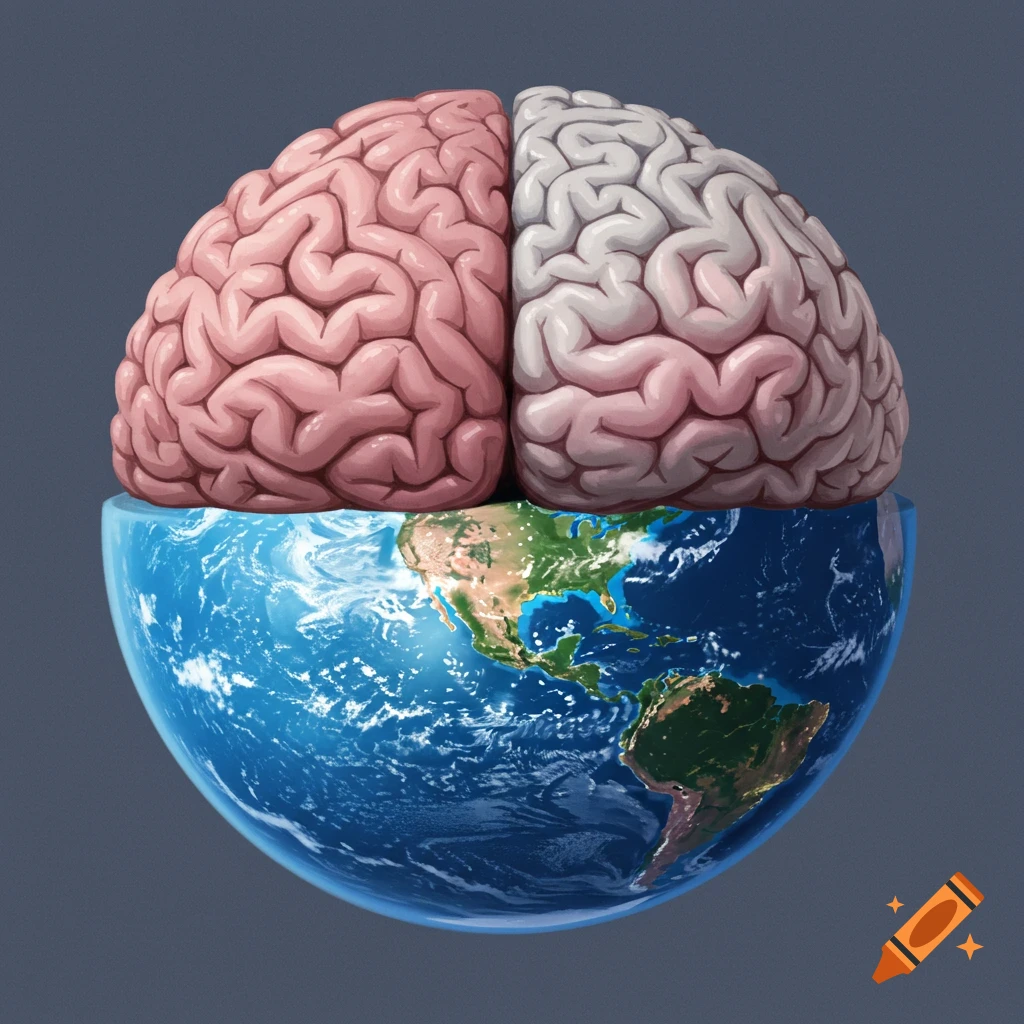 A globe transforming into a brain with an explosion at the top on craiyon