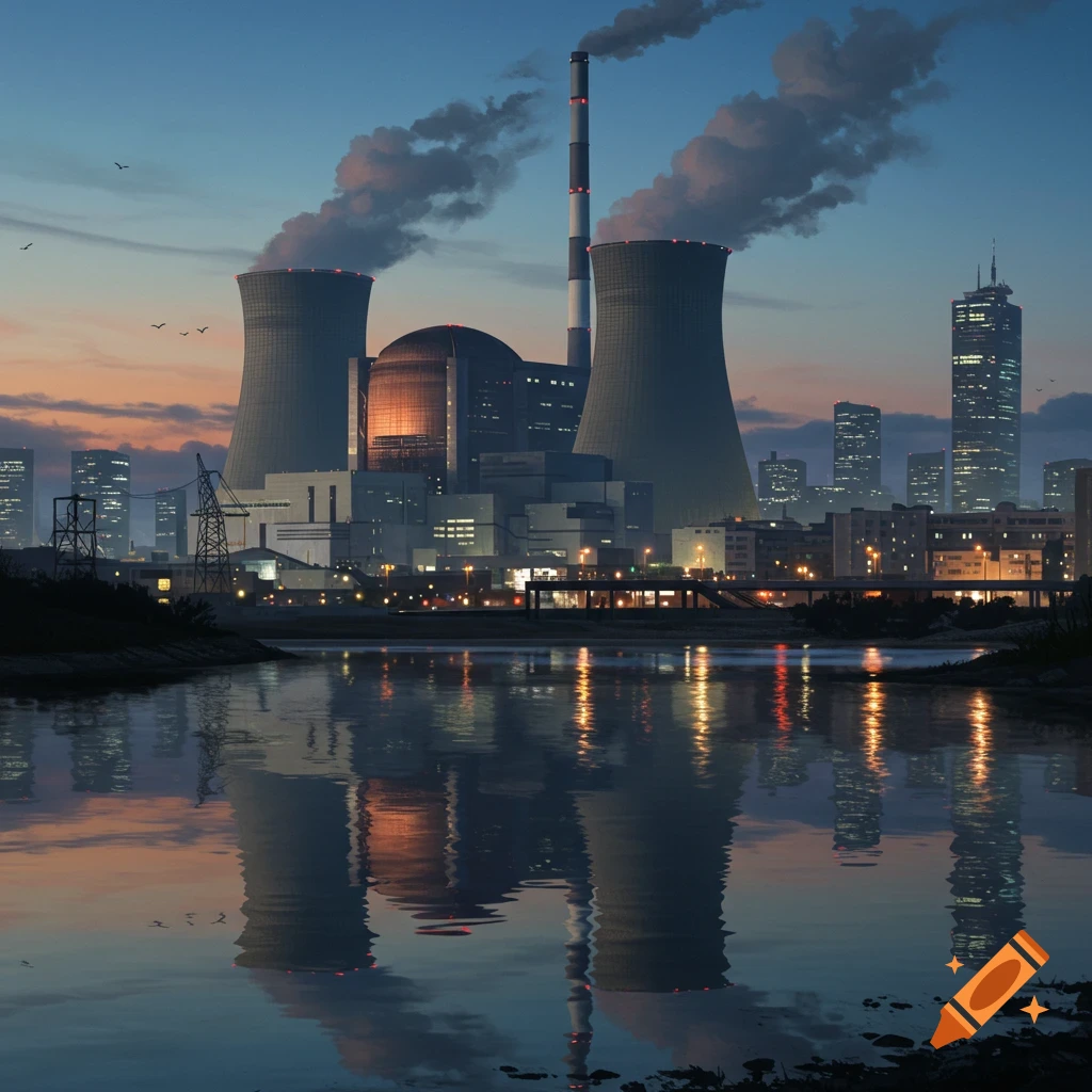 Cityscape with nuclear power plant reflected in water at dusk.