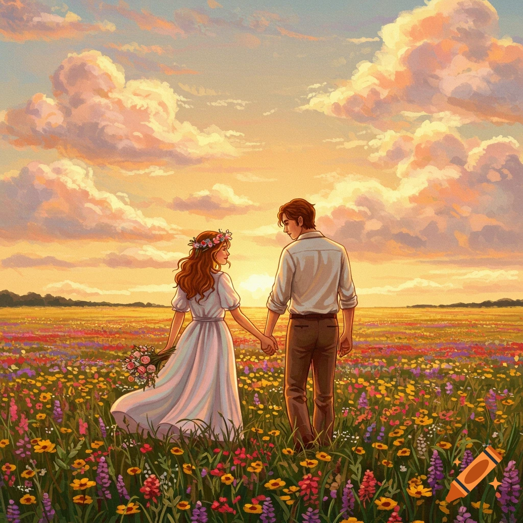 Illustration of a couple holding hands in a colorful field of flowers at sunset.