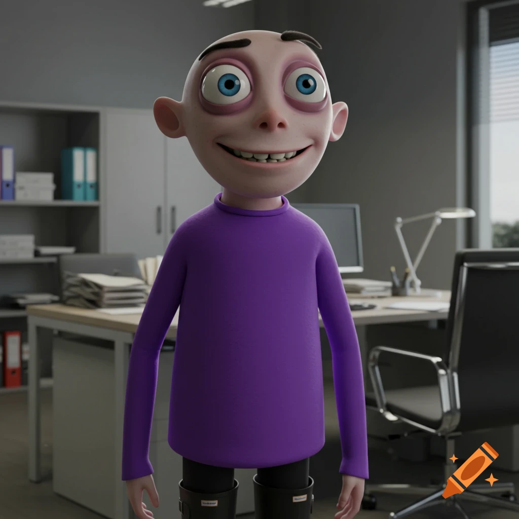 A 3D rendered cartoon character resembling Gir in a purple shirt stands in an office.