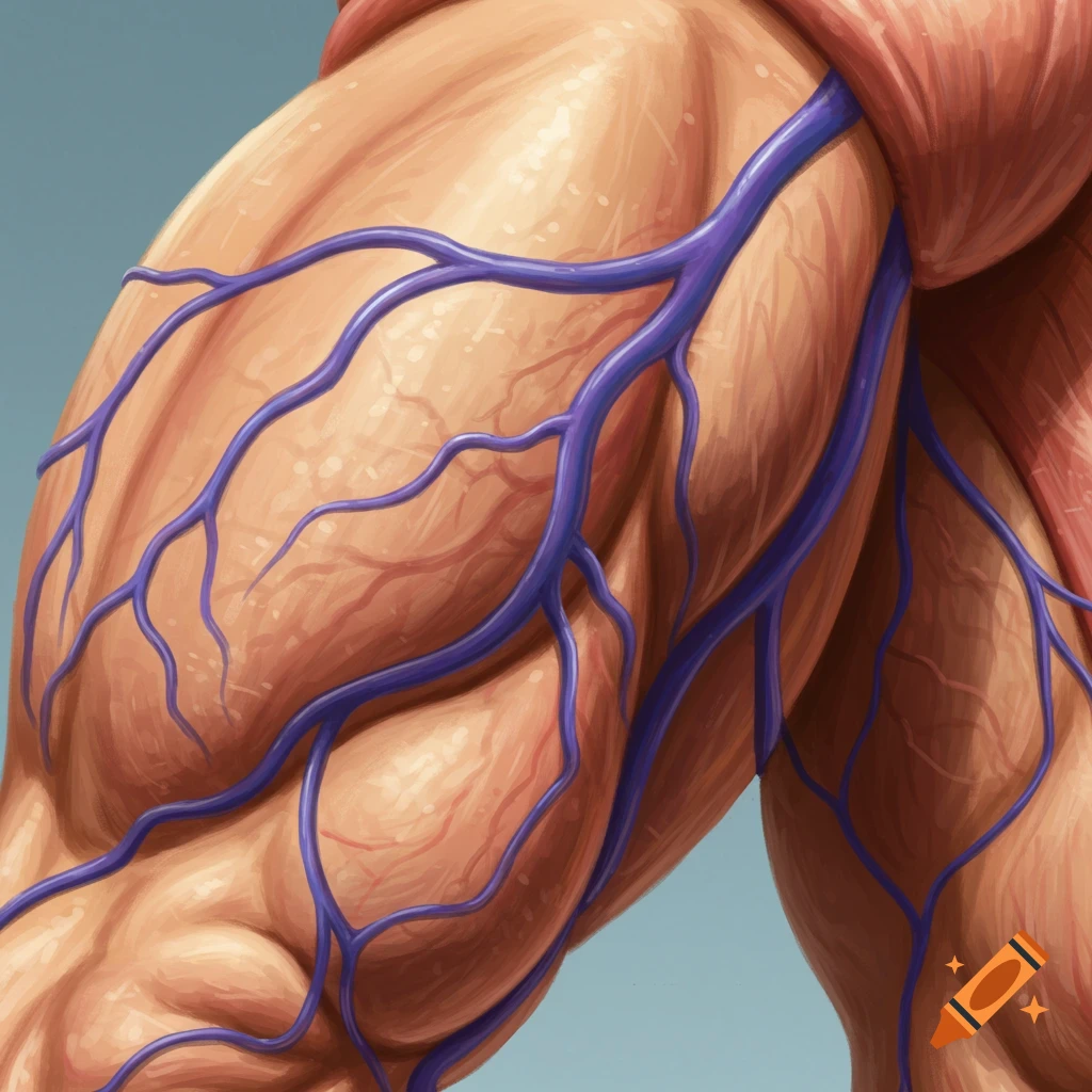 Muscular human legs with prominent blue veins.