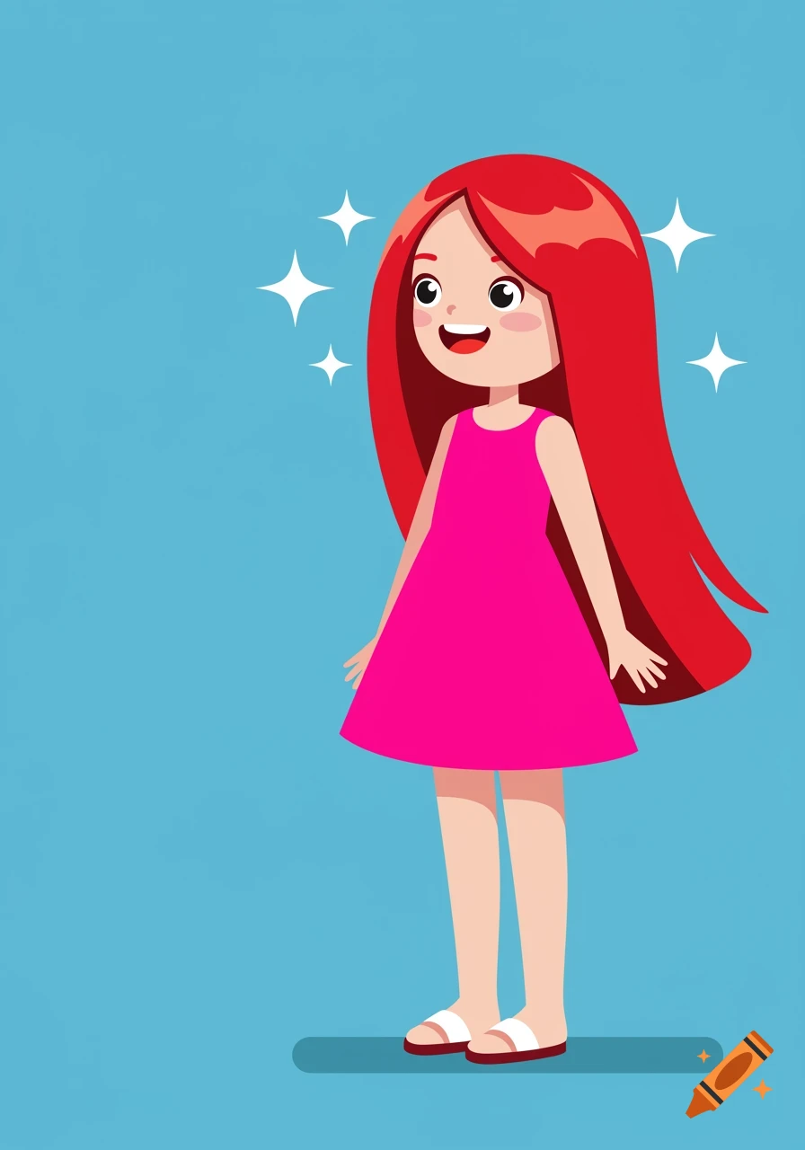 Cartoon girl with red hair and pink dress on a blue background with sparkles.