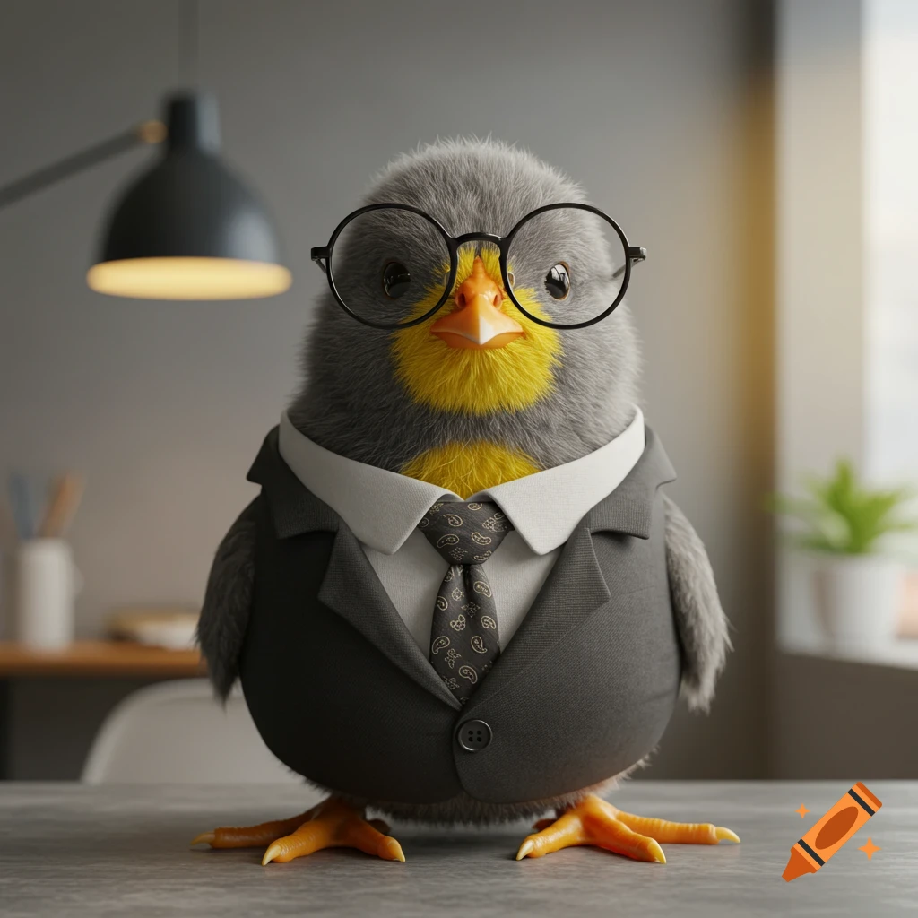 A cute chick wearing a business suit and glasses sits on a desk