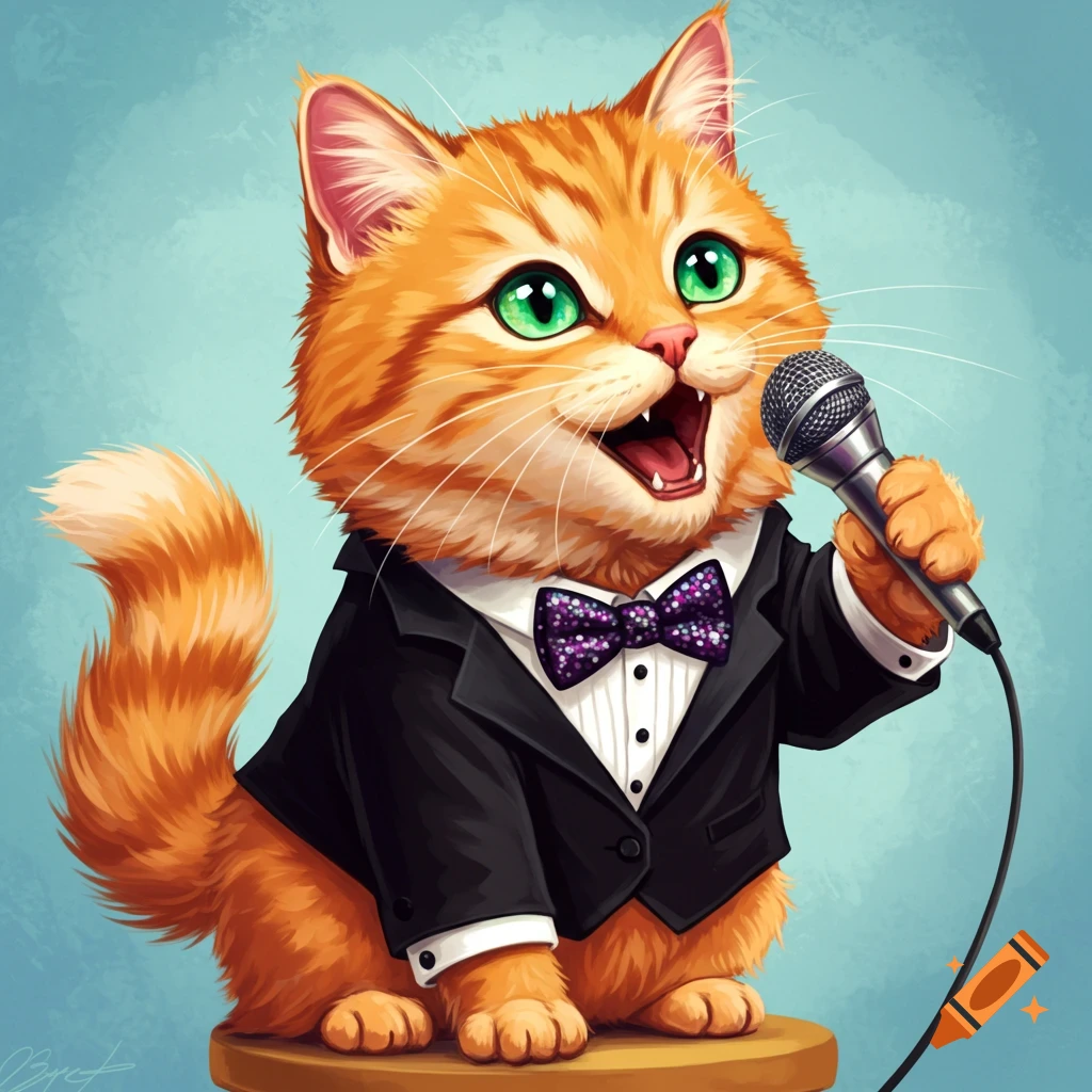 An orange cartoon cat wearing a tuxedo sings into a microphone.