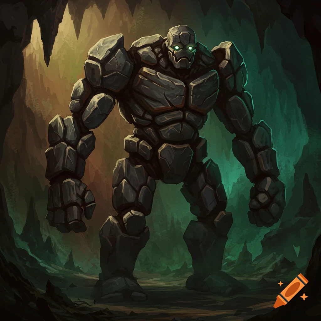 Illustration of a large stone golem standing in a dark cave.