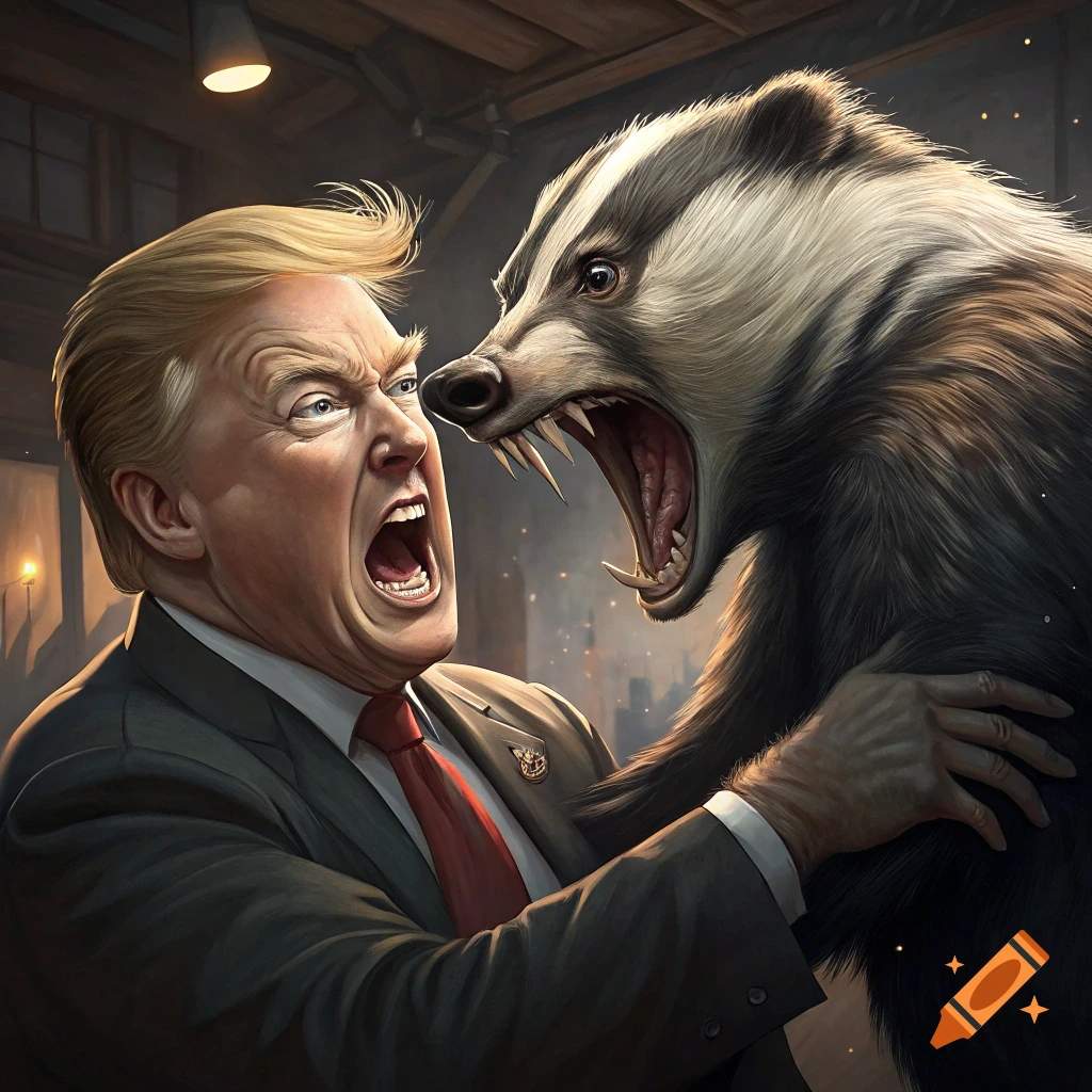 An illustrative image of a person resembling Trump shouting at a snarling badger.