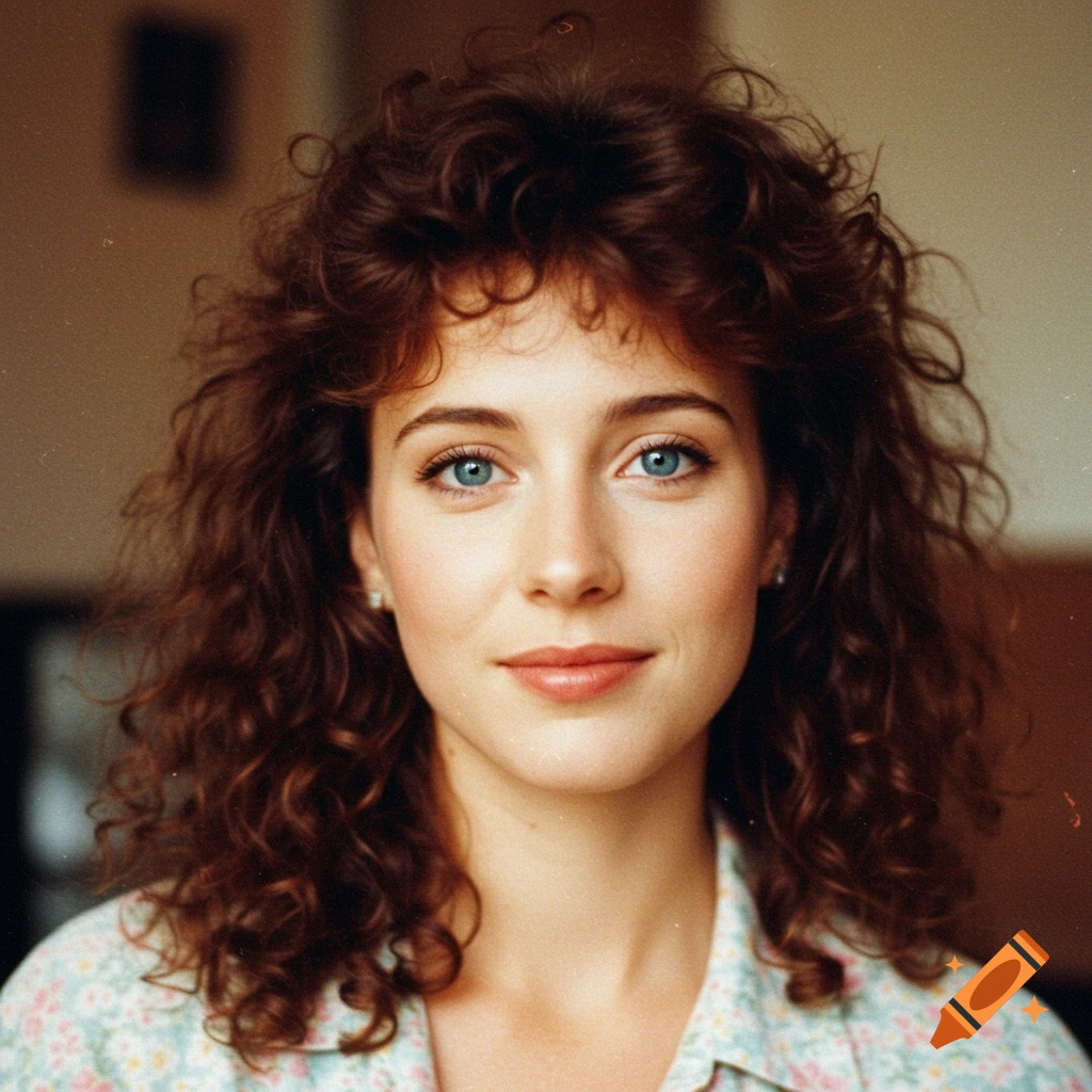 Portrait of a woman with curly brown hair and blue eyes in a vintage style.