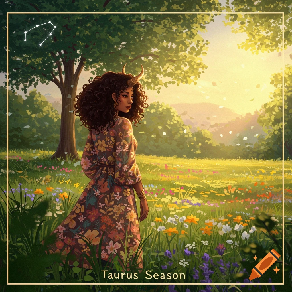 Illustration of a woman with horns standing in a field of flowers with a constellation.