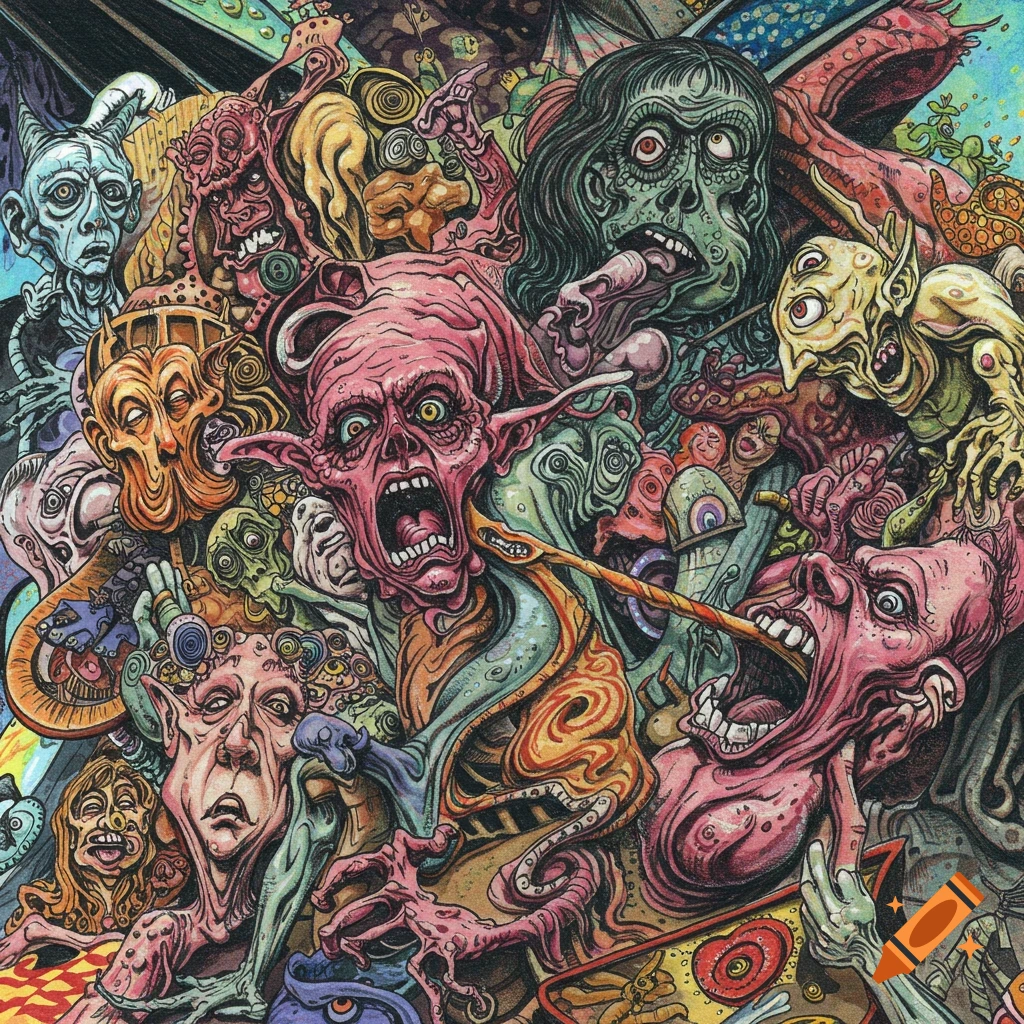 A chaotic drawing in a psychedelic, grotesque style filled with distorted faces and figures.
