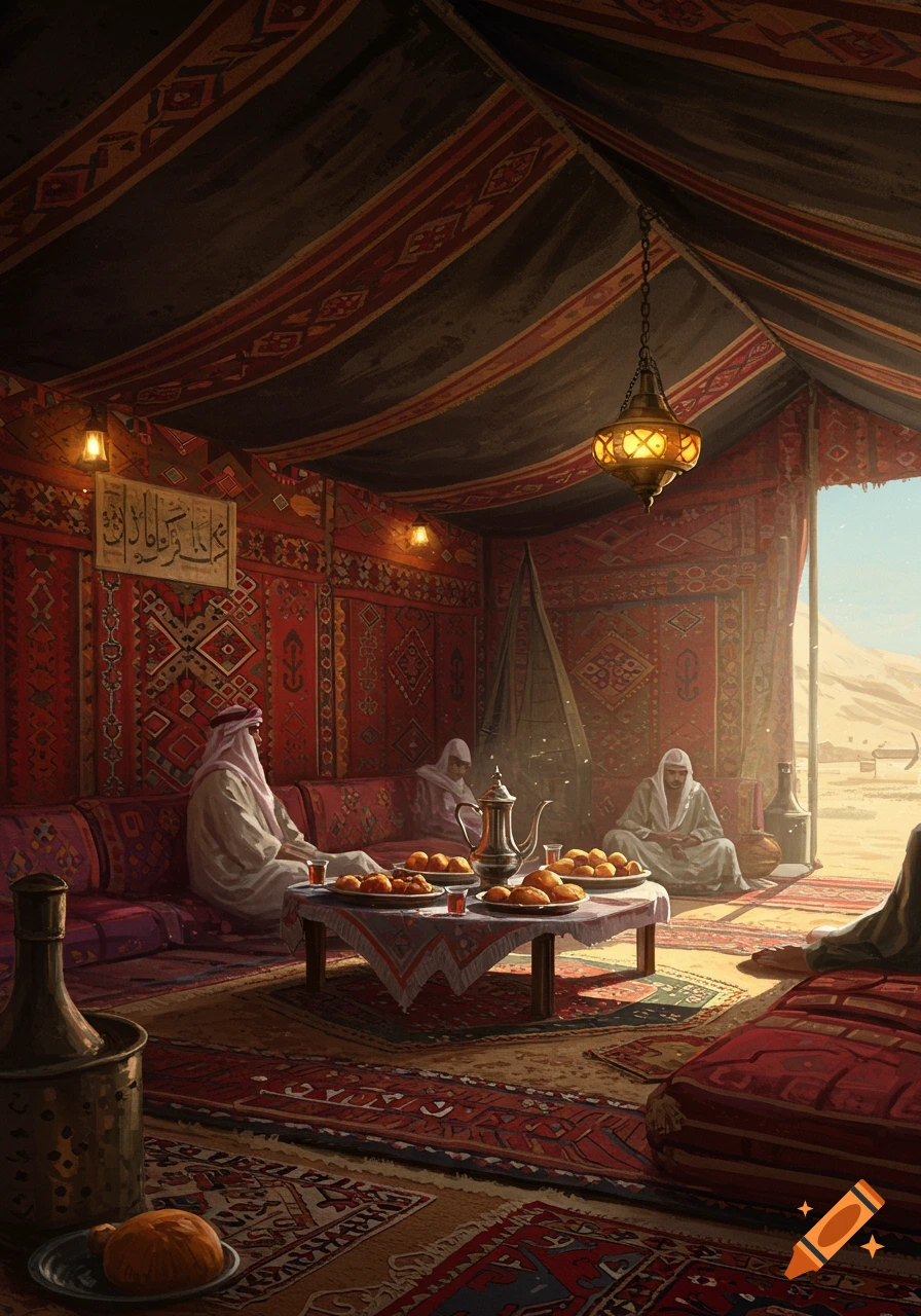 Illustration of people relaxing inside a richly decorated tent with food, looking out at the desert landscape.