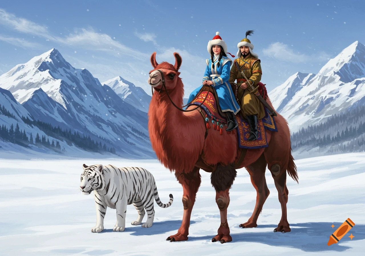 Illustration of two people riding a red camel-like creature through a snowy mountain landscape with a white tiger nearby.