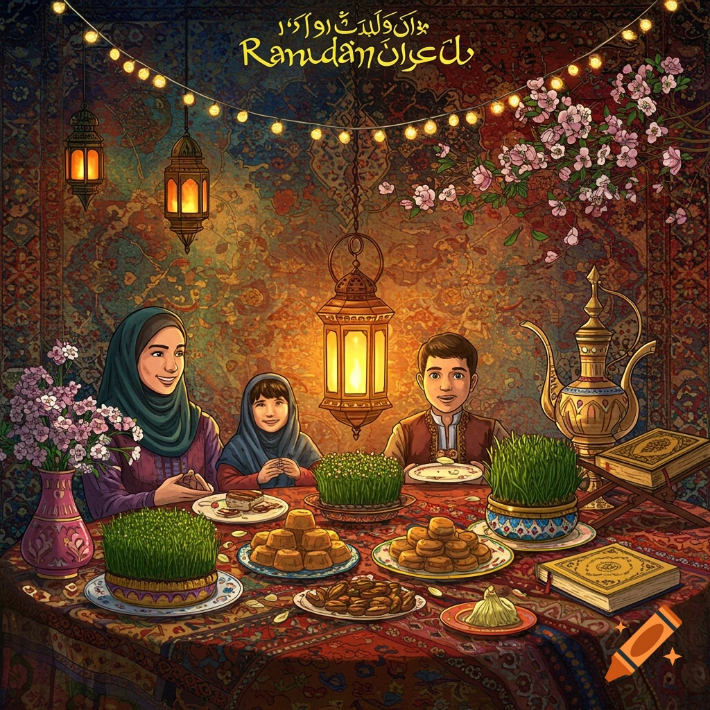 Illustration of a family celebrating Ramadan and Nowruz with food, decorations, and traditional items.