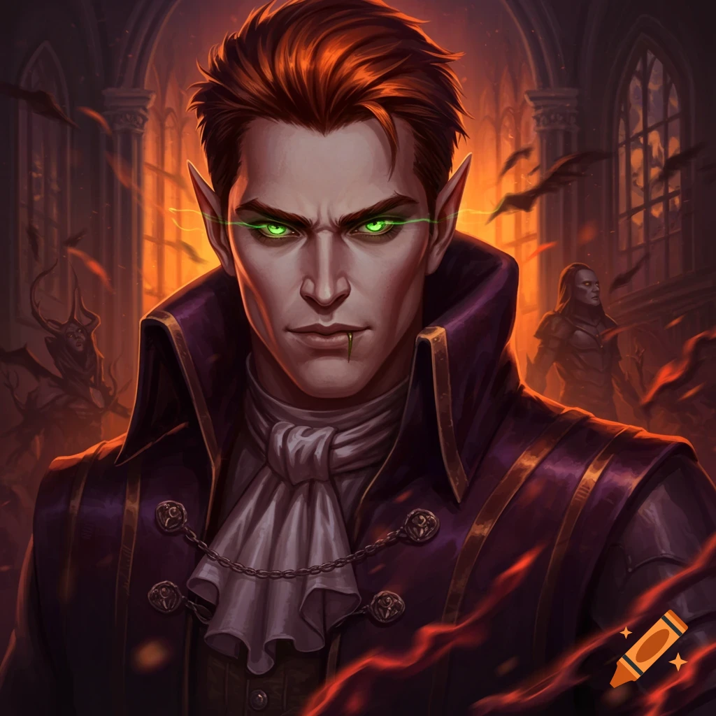 A close-up illustration of a male vampire with red hair and glowing green eyes in a dark gothic cathedral with bats.