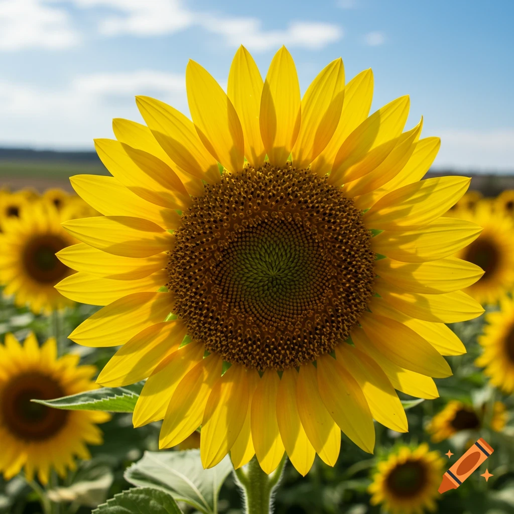 Close-up of a bright yellow sunflower in a field under a blue sky