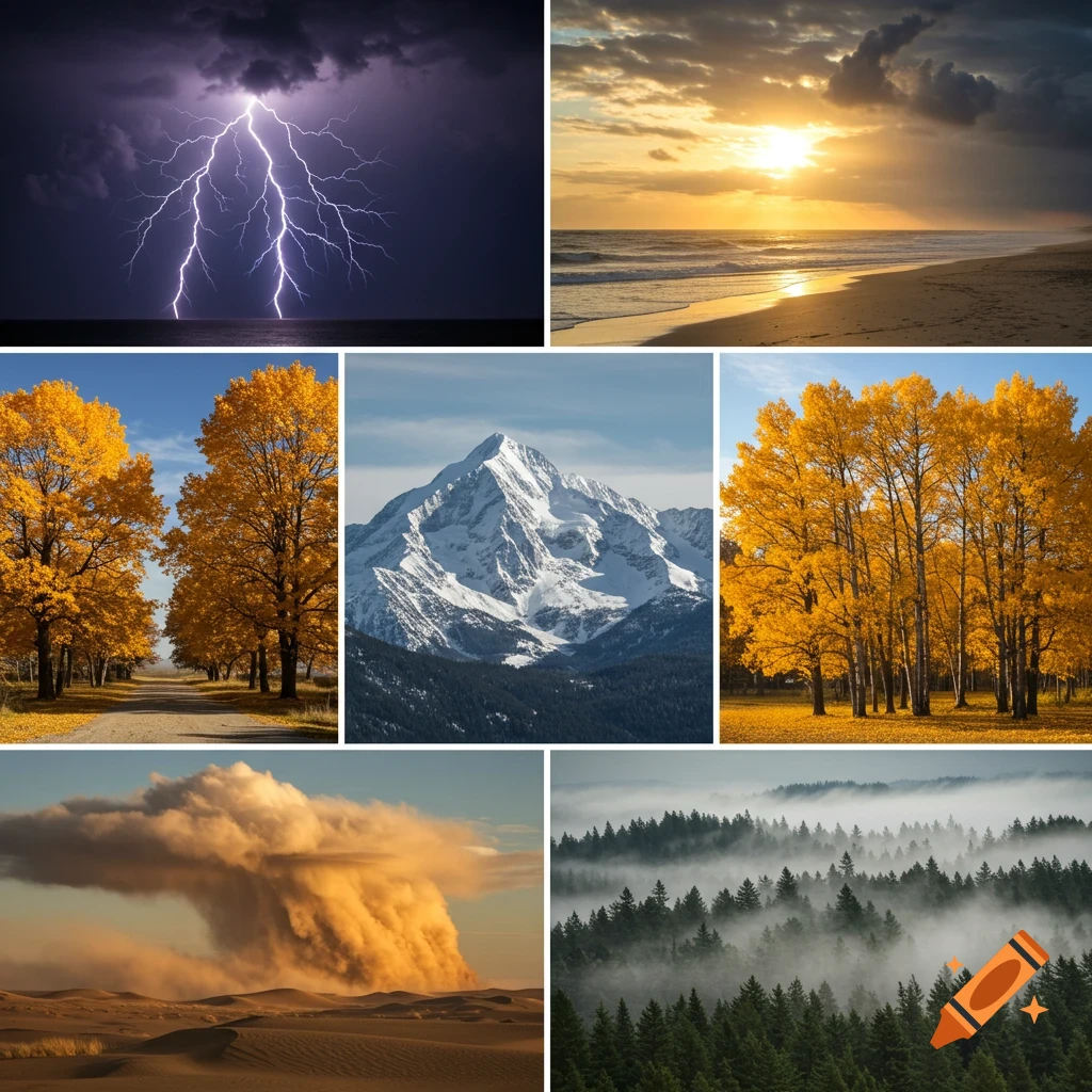 A six-panel collage showing different weather and nature scenes: lightning storm, beach sunset, autumn road, snowy mountain, desert dust storm, foggy forest.