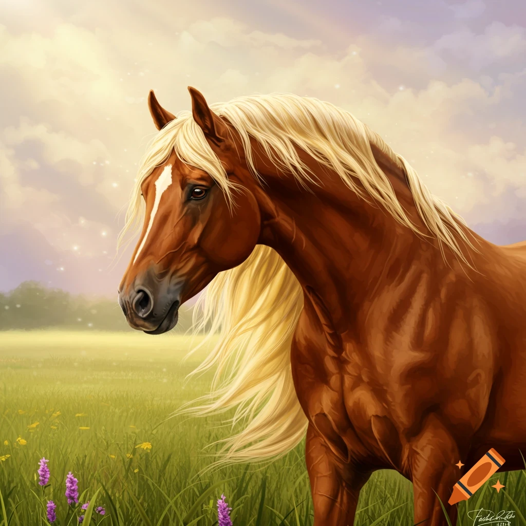 A brown horse with a blonde mane stands in a sunny field filled with flowers.
