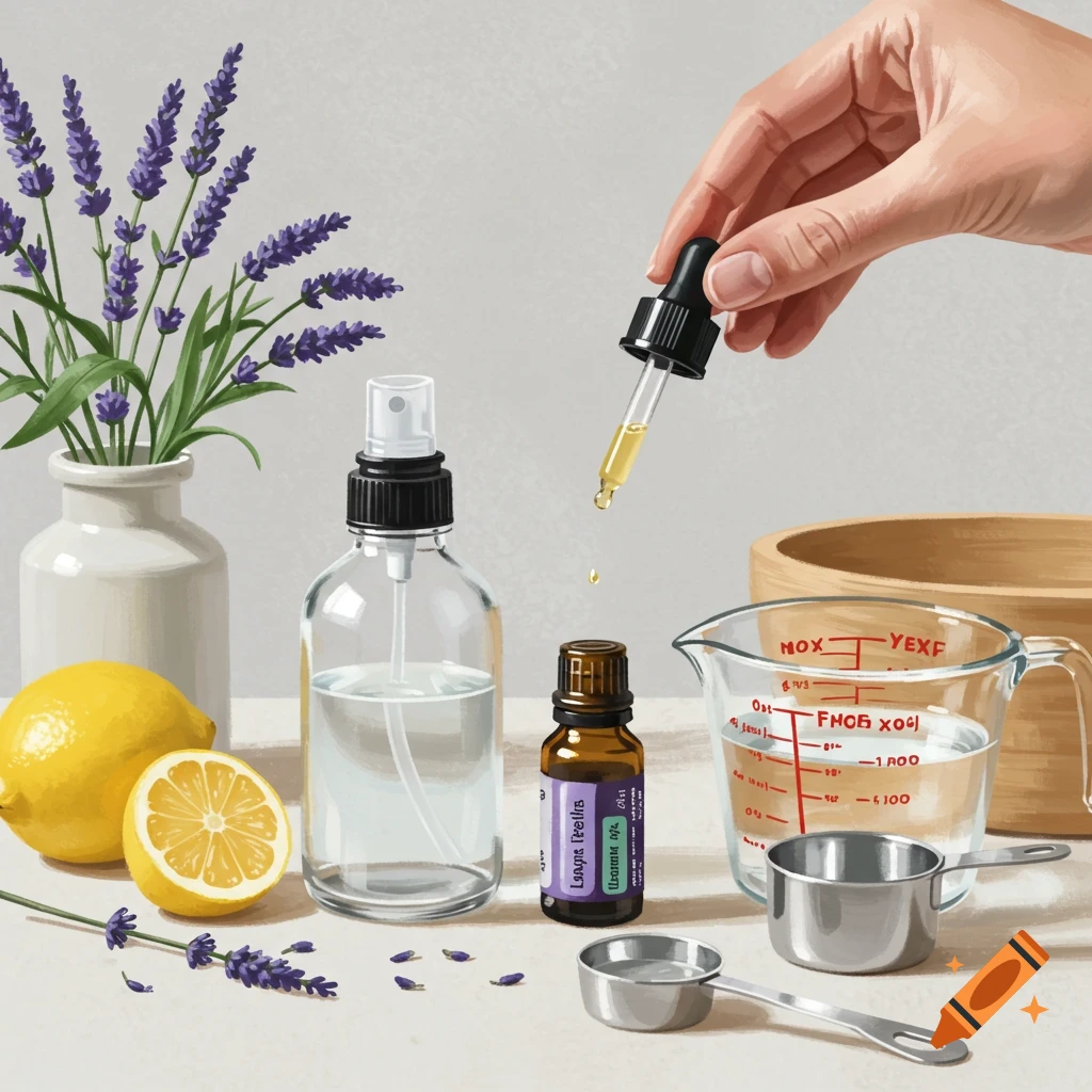 Making natural air freshener with lavender, lemons, and essential oil dropper bottle.
