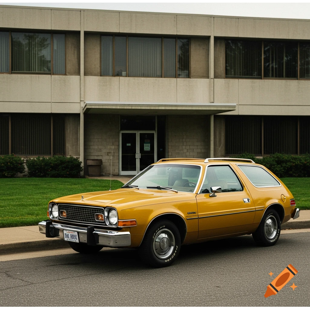 A yellow vintage AMC Pacer car parked in front of a concrete office building.