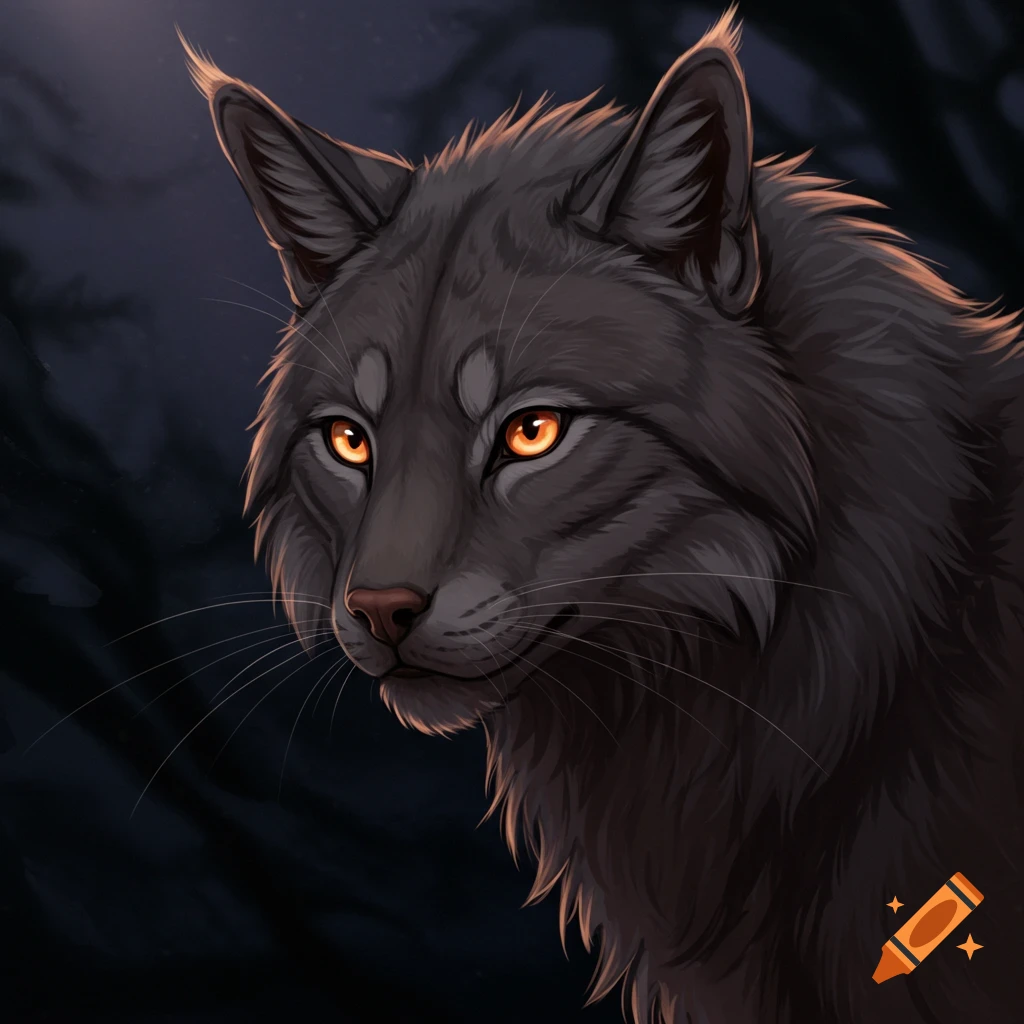 Close-up portrait of a dark grey cat-like creature with glowing orange eyes in a dark forest setting. Digital art.