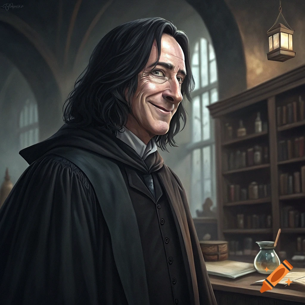 A realistic portrait of Professor Snape smiling in a library setting.