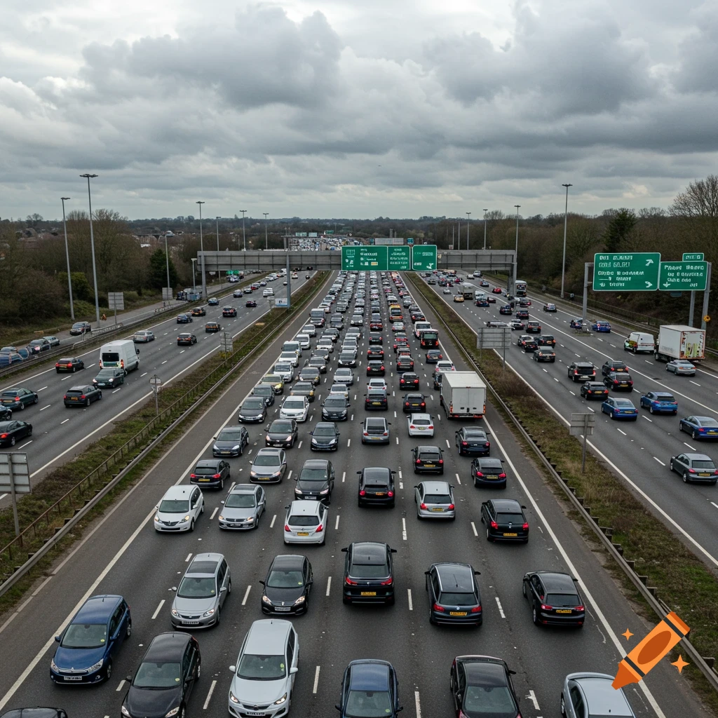 Aerial view of a severe traffic jam on a multi-lane highway under a cloudy sky.