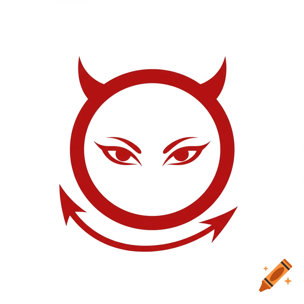 Red devil logo with horns, eyes, and tail forming a circle with arrows.