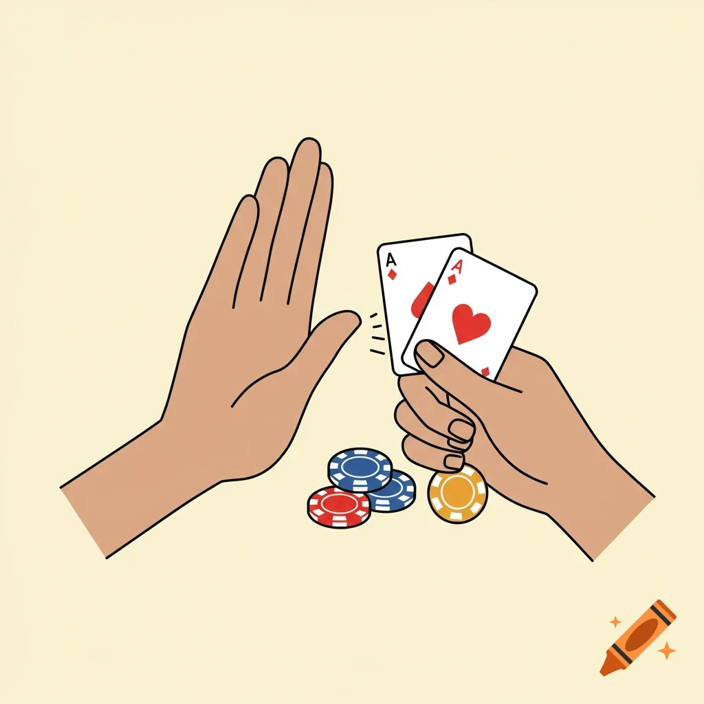 Simple illustration of one hand blocking another holding poker cards and chips.