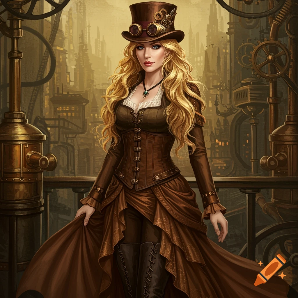 A woman in a brown steampunk dress and top hat stands on a balcony overlooking a steampunk city.
