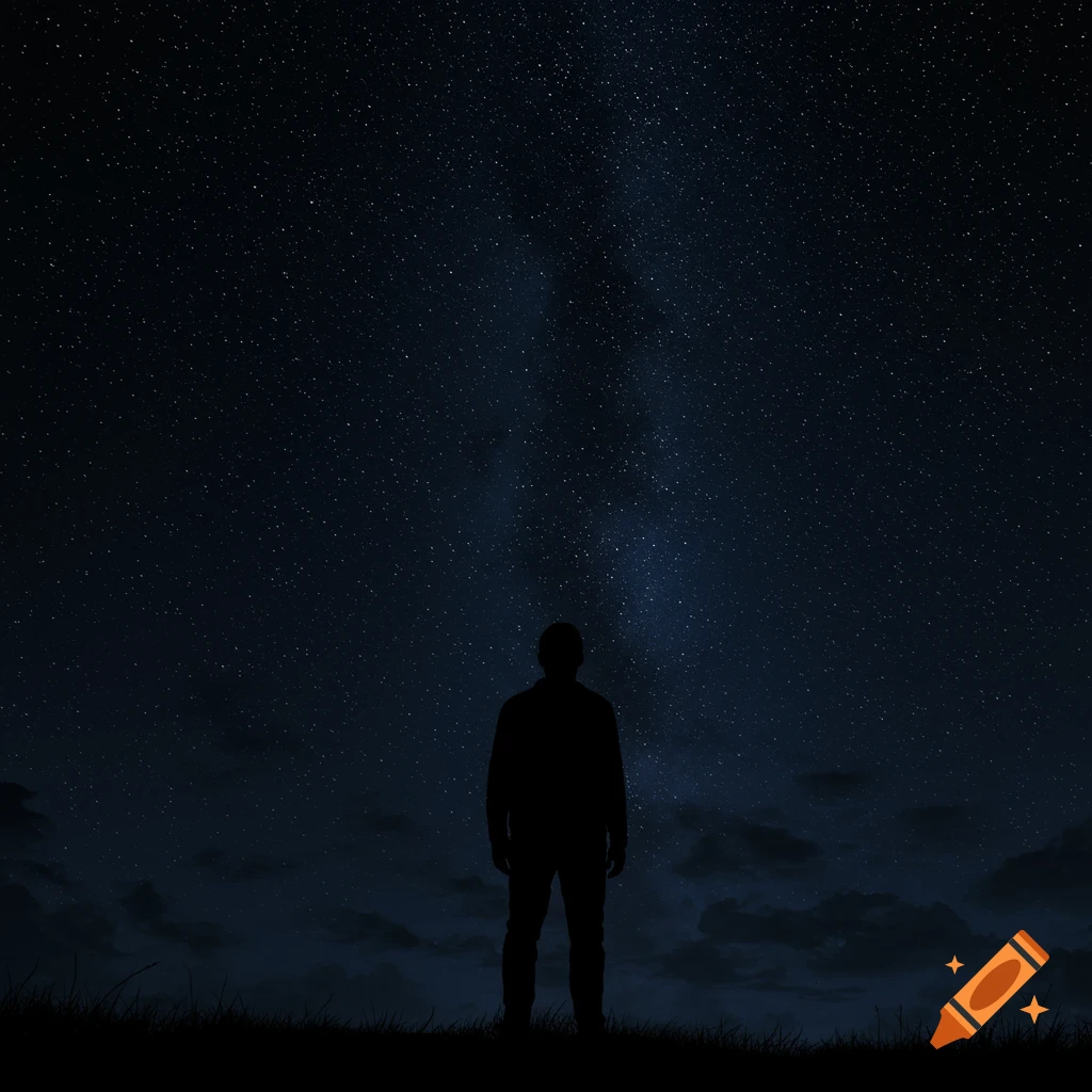 Silhouette of a man standing at night, looking up at a sky full of stars and the Milky Way.