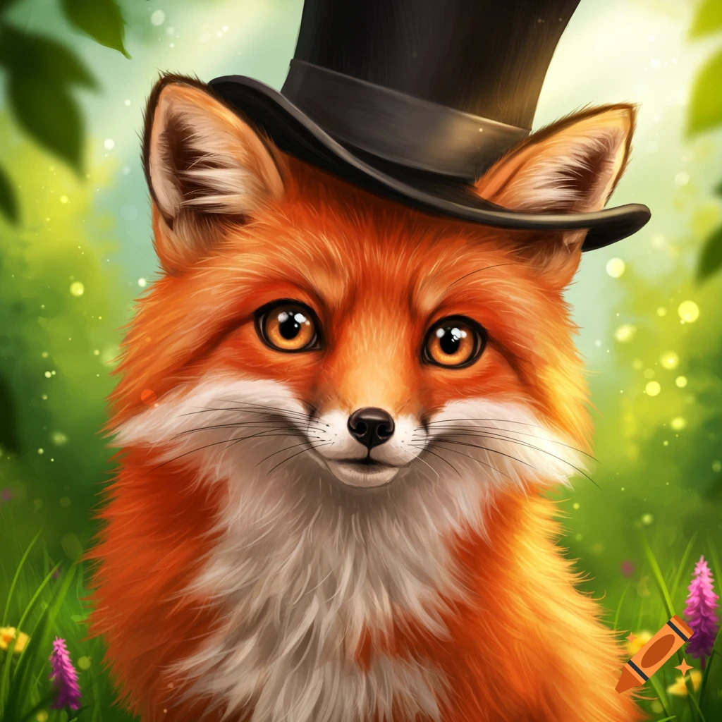 A cute red fox wearing a black top hat sits in a bright, green forest clearing.