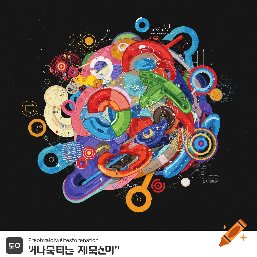 An intricate abstract illustration with vibrant colors and interconnected geometric shapes on a black background.