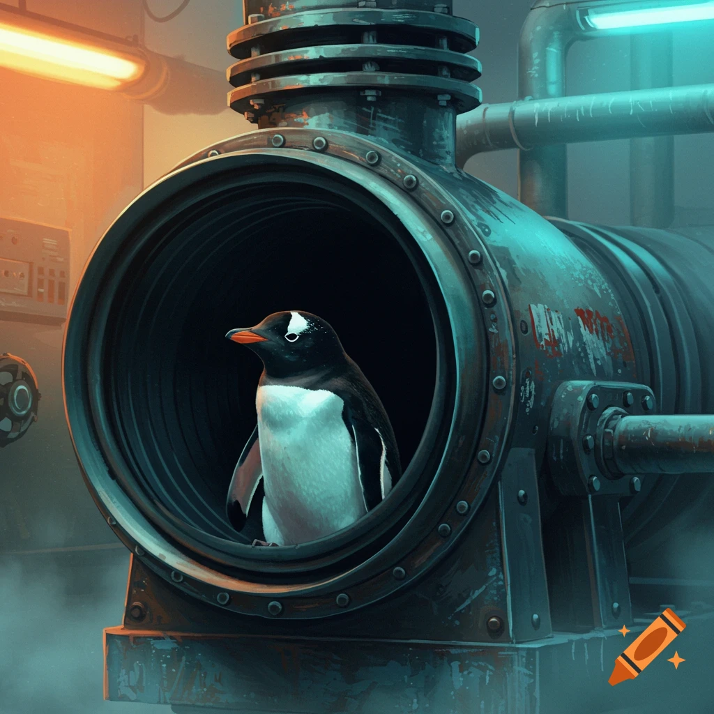 A penguin looks out of a large pipe in an industrial setting.