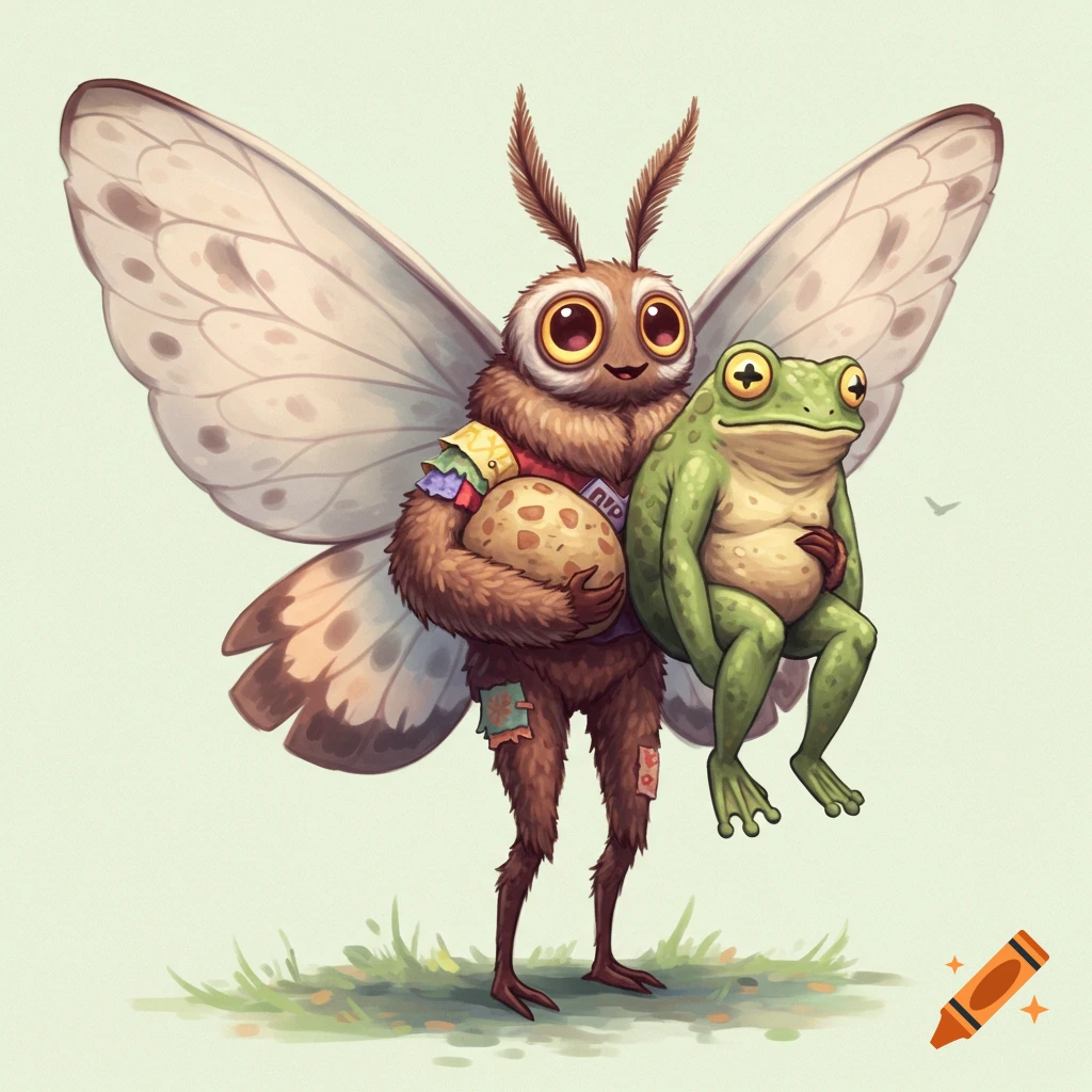 A cute, fluffy moth creature carries a frog over its shoulder in a stylized illustration.