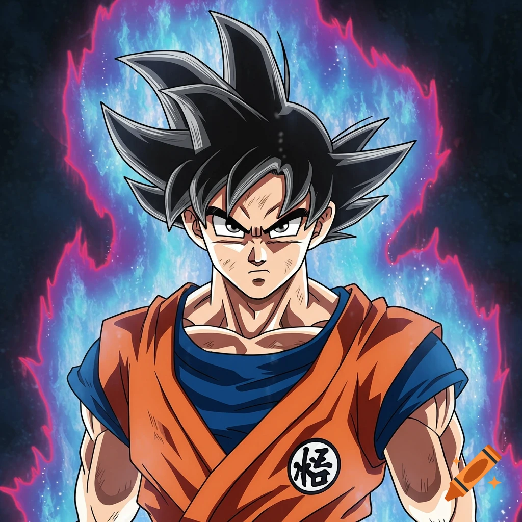Anime portrait of Goku in Ultra Instinct form with a blue and pink aura.