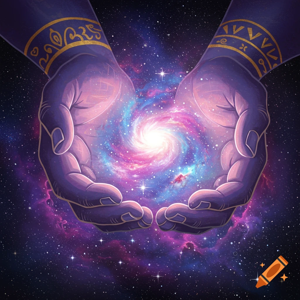 Two hands holding a swirling galaxy in deep space, with decorative bands on the wrists.