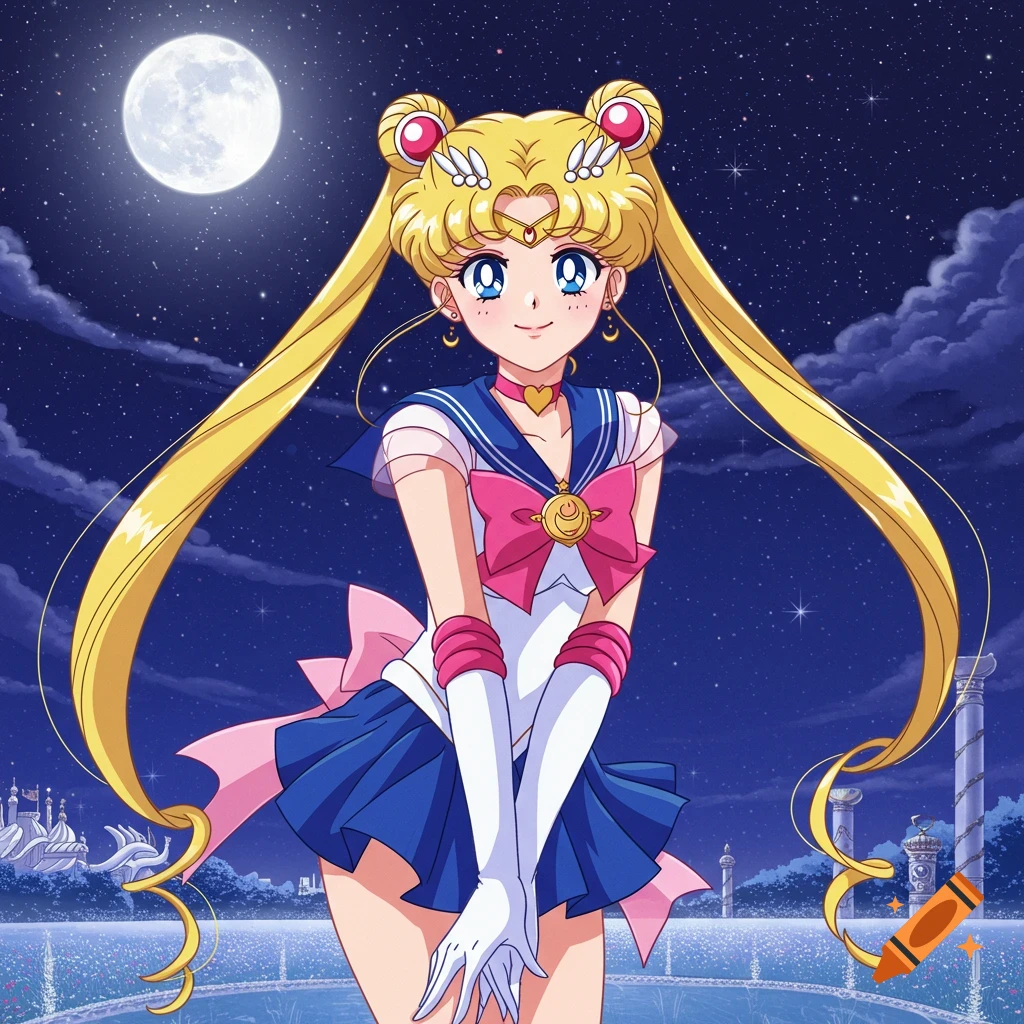 Sailor Moon standing outdoors at night with the moon in the background, anime style