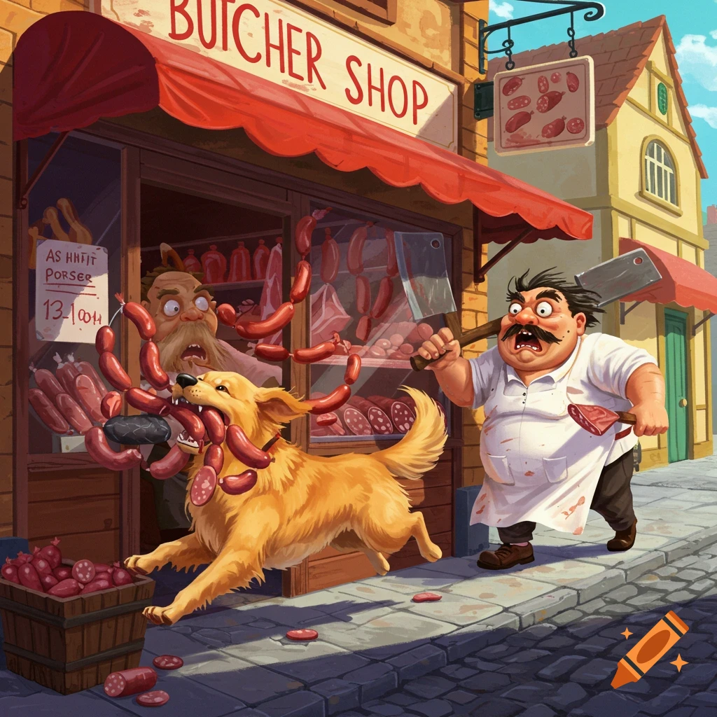 Cartoon illustration of a dog running from a butcher shop with sausages, chased by the butcher with a cleaver.