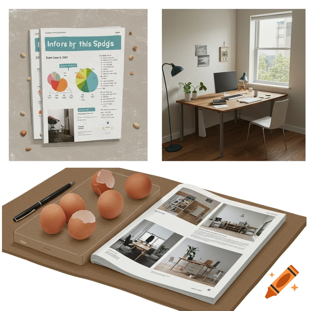 A still life collage showing documents, eggs, a pen, and an office desk with computer.