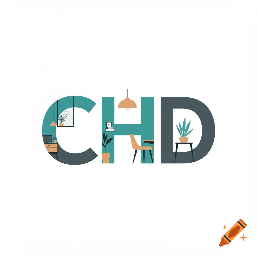 CHD lettermark logo with minimalist home decor scene inside, flat illustration style.
