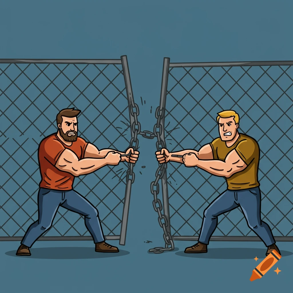 Two cartoon men pulling apart a chain link fence.