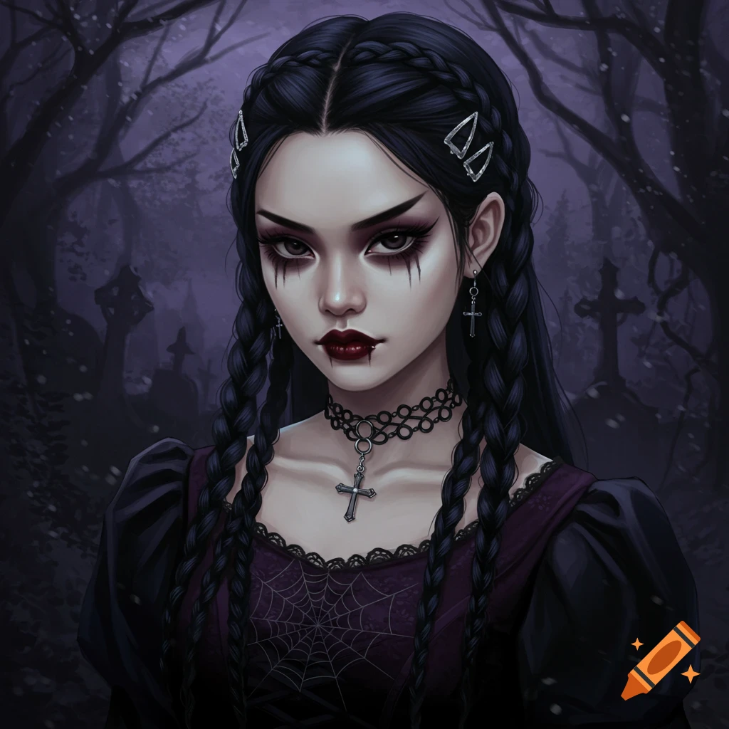 A gothic woman with dark makeup and braided hair in a graveyard.