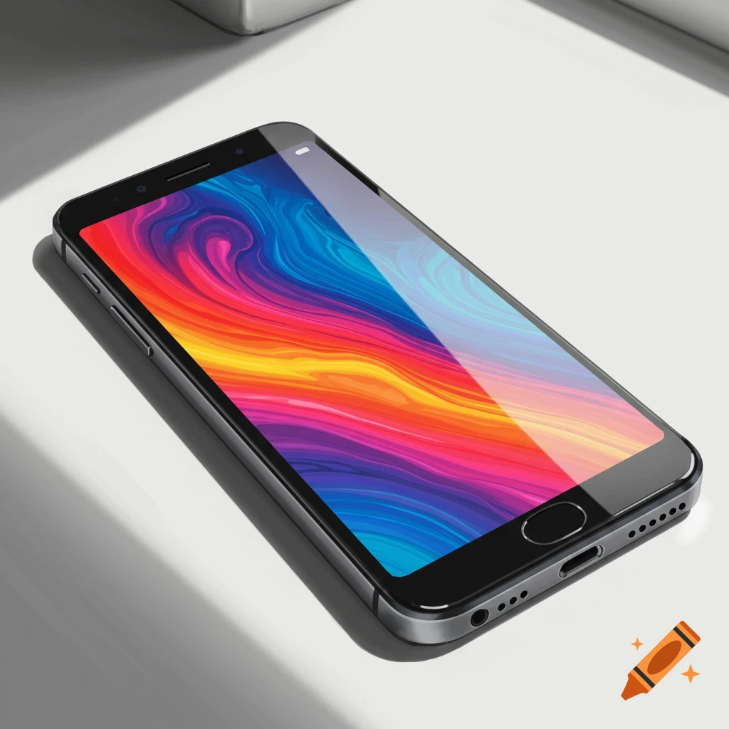 Close-up of a modern smartphone with a colorful swirling wallpaper
