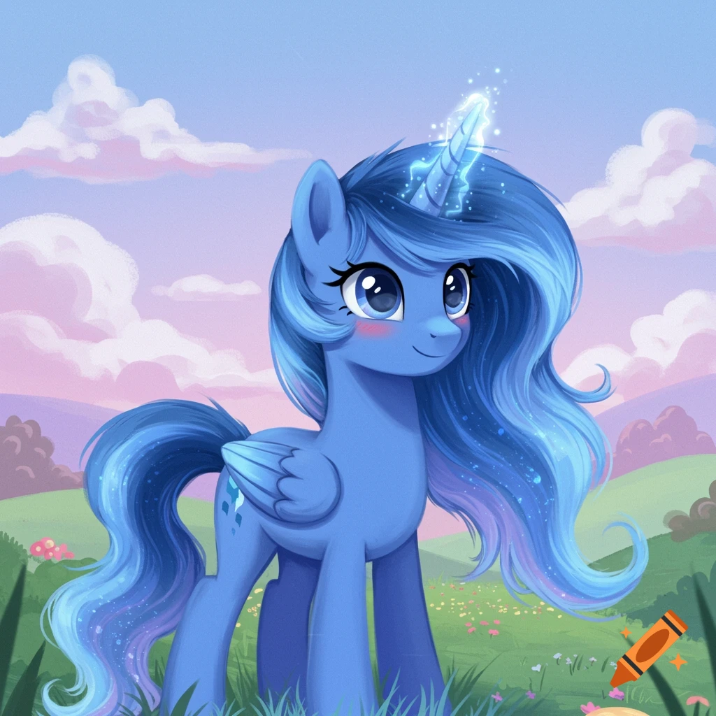 A blue unicorn pony stands in a grassy field under a cloudy sky