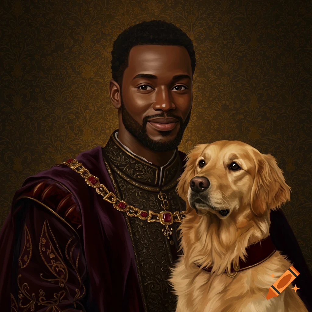A man and a golden retriever dog in a formal royal portrait.