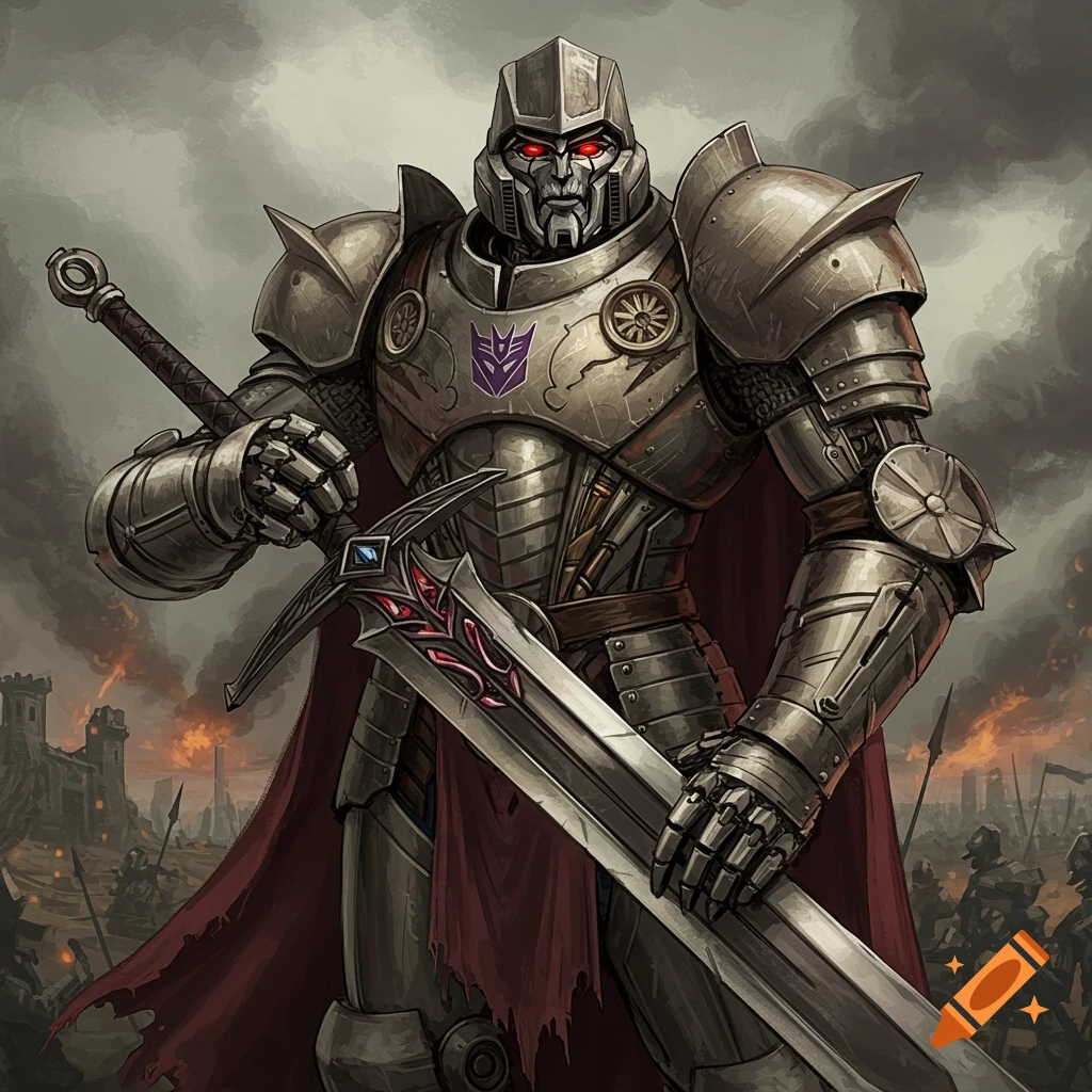 Megatron in medieval knight armor holds a large sword in a battle scene