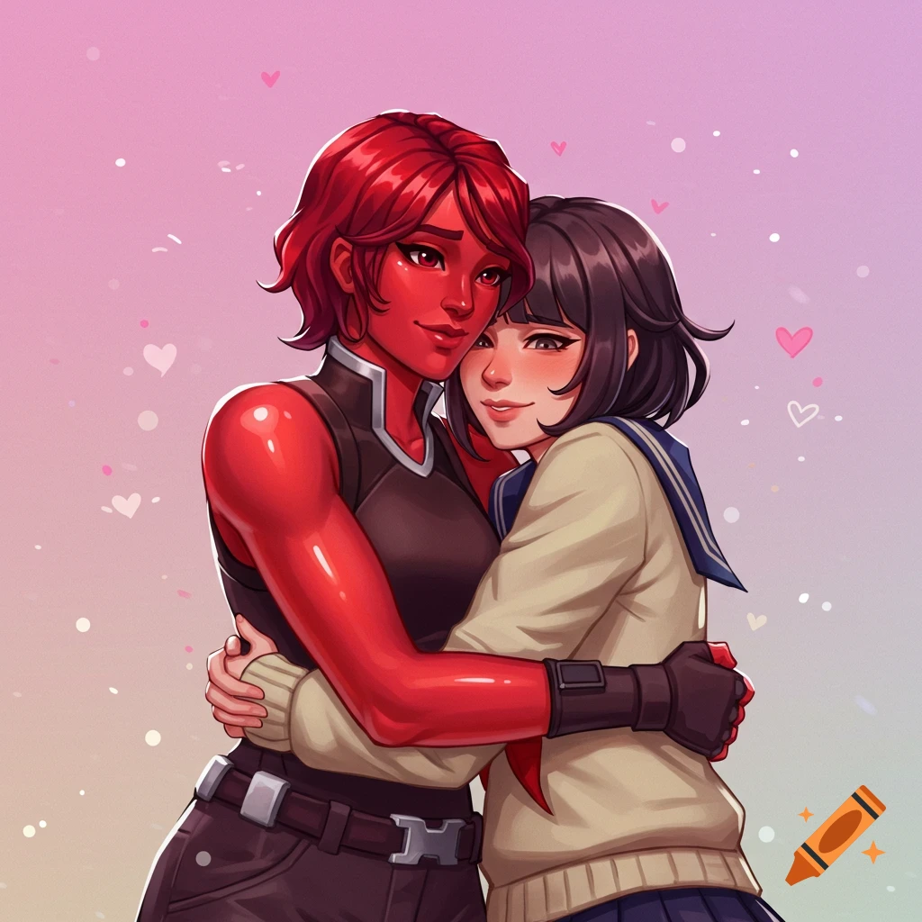 Illustration of two characters hugging: one with red skin and hair, the other in a sailor-style top.
