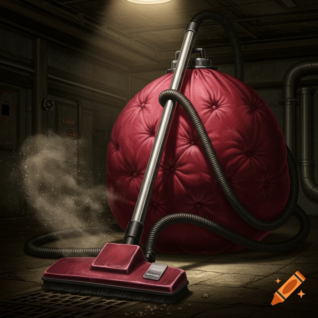 A surreal vacuum cleaner with a large red button-tufted bag stands in a dark industrial room, vacuuming dust.
