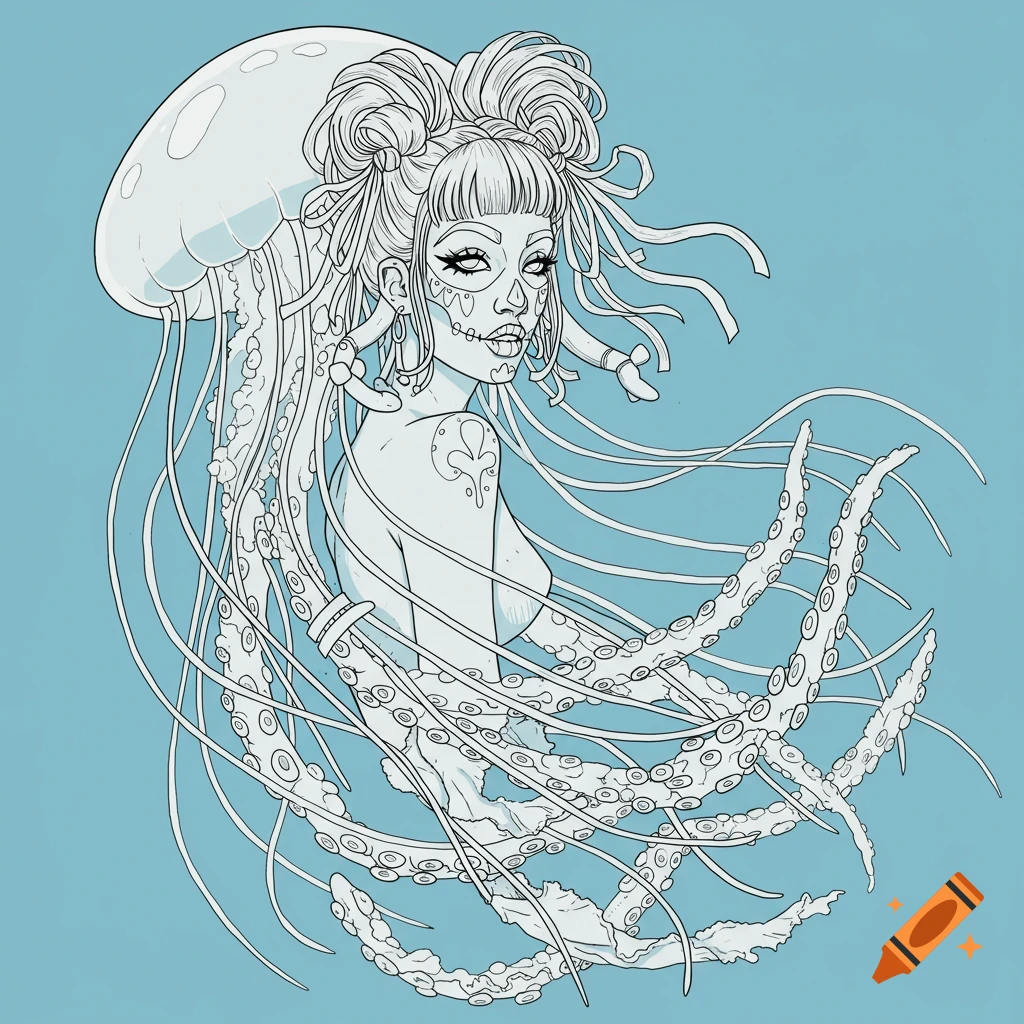 Line drawing of a fantasy creature combining a woman with a jellyfish and octopus tentacles.