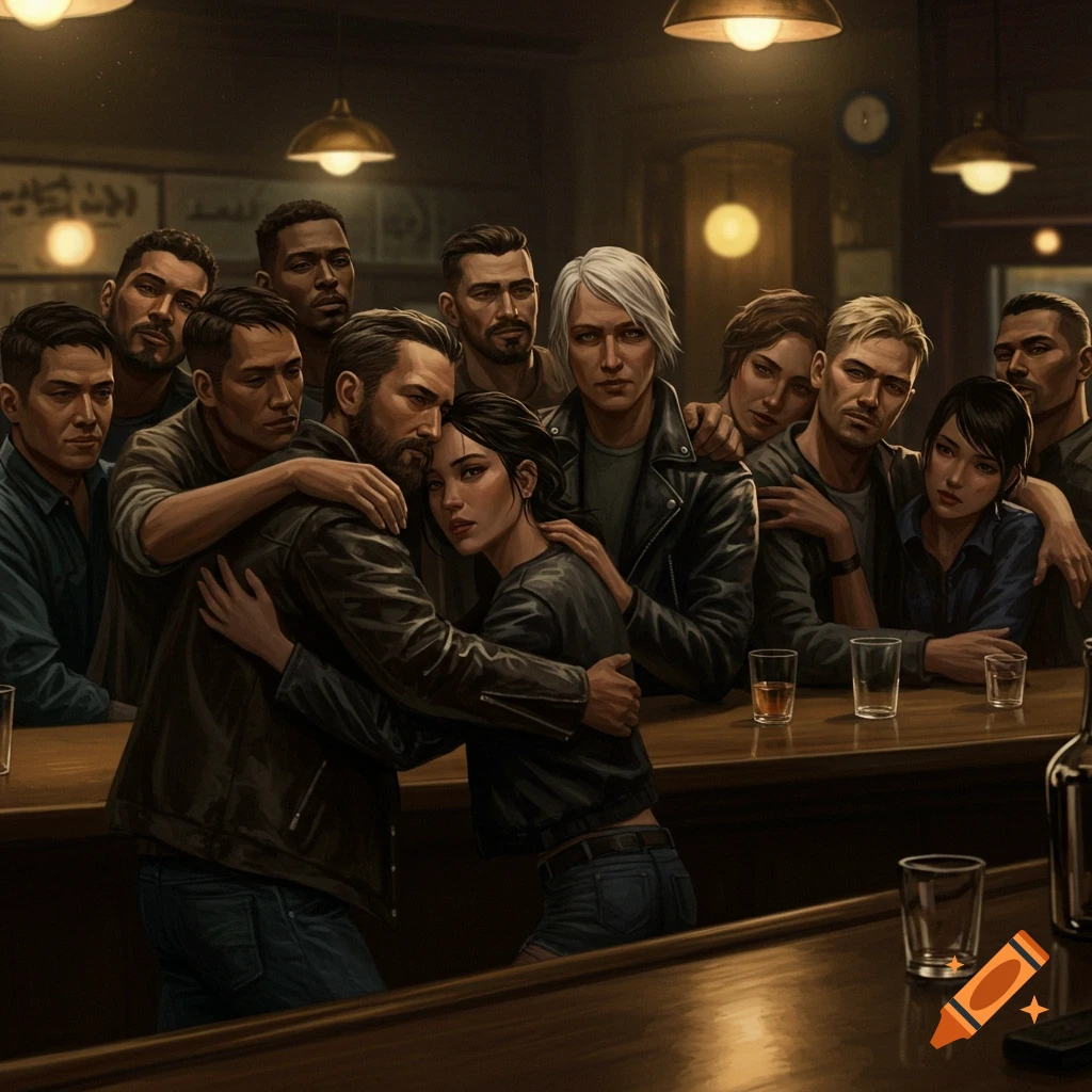 A diverse group of people hug closely at a dark bar counter.