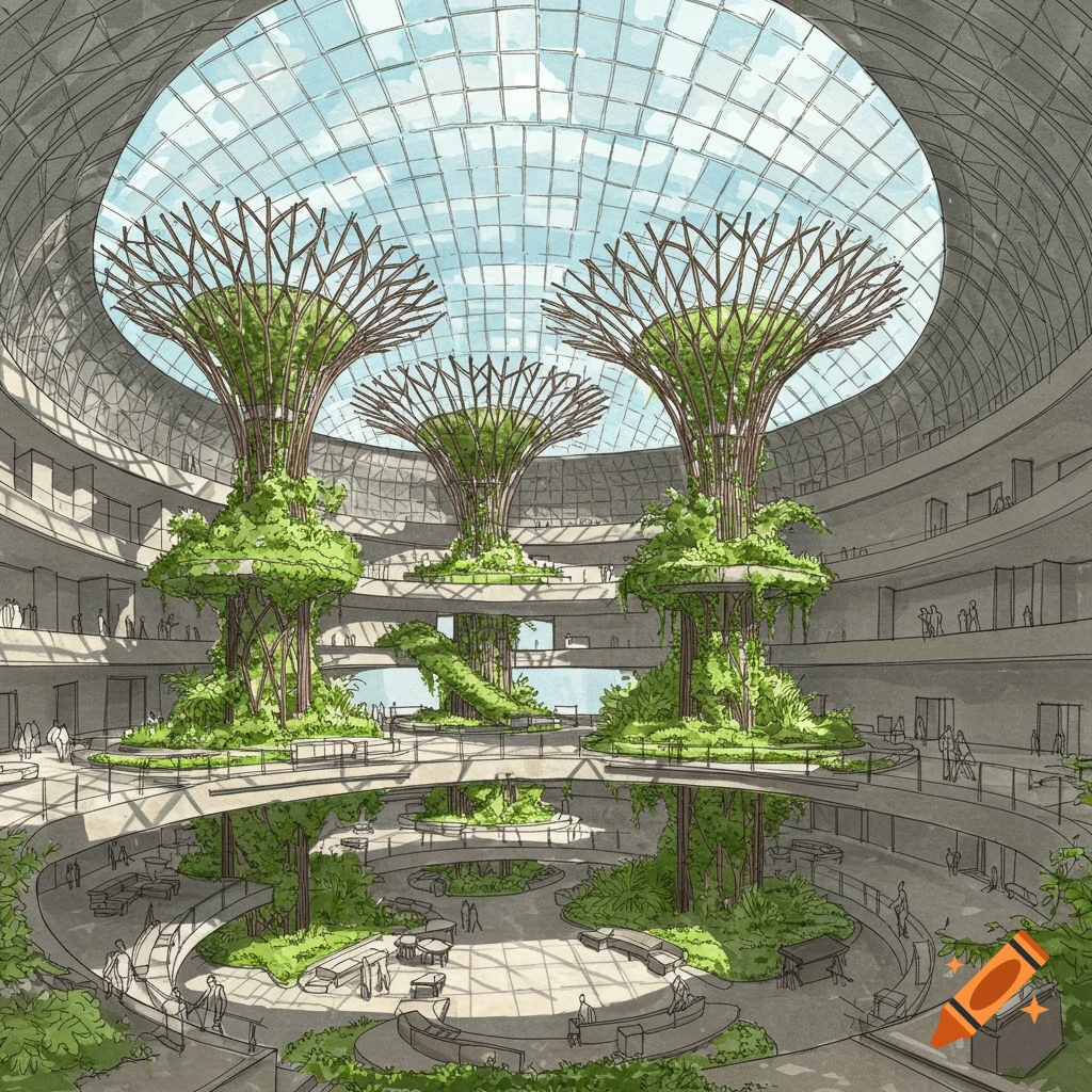 Architectural sketch of a large indoor conservatory with multiple levels, lush trees, and people.